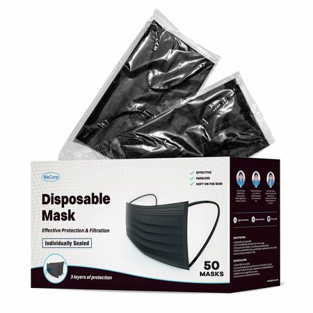 WECARE Disposable Face Mask, 3-Ply with Ear Loop 50 Individually Wrapped, Black, 50PK WMN100006